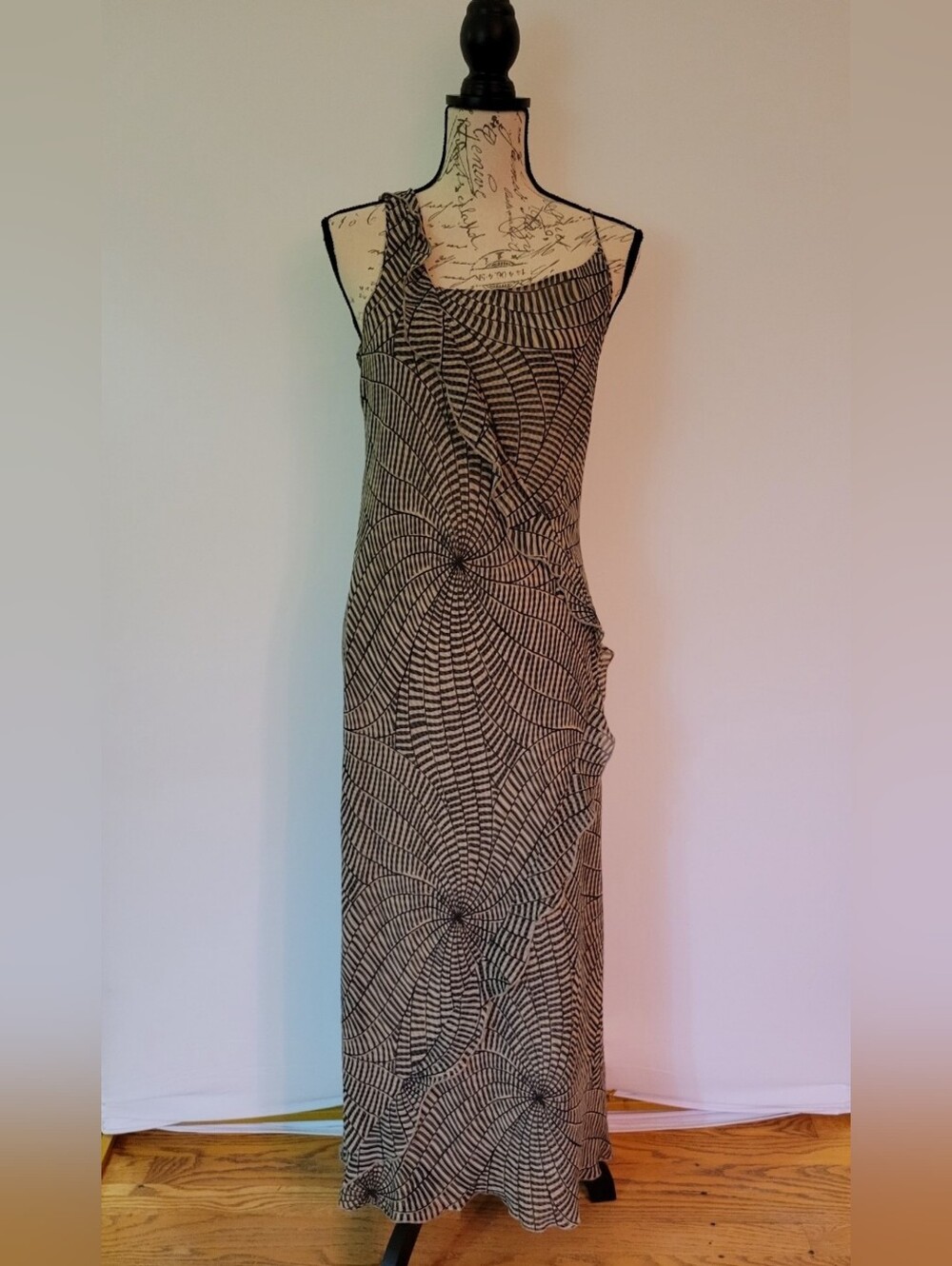 J. Crew Vintage Silk Black and Tan Spiral-Print Maxi Dress